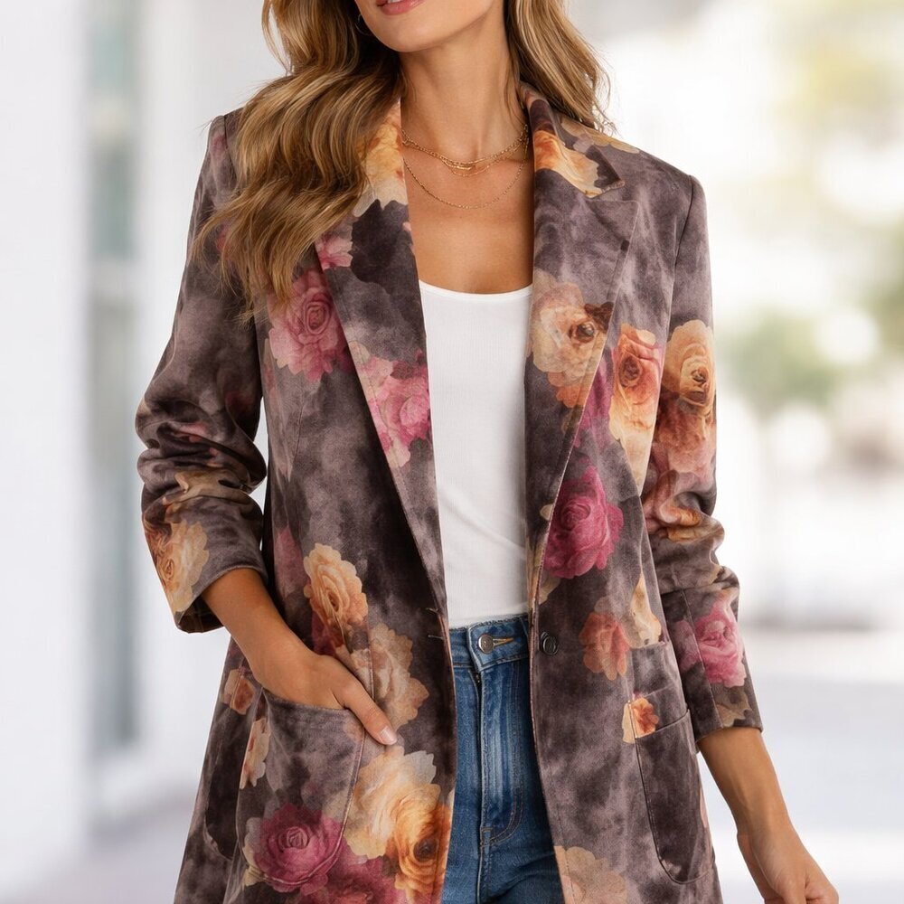Solitaire Floral Faux Suede Blazer Romantic Boho Rose Print Long Jacket Large